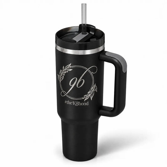 black handle tumbler with straw, laser engraved custom monogram wreath