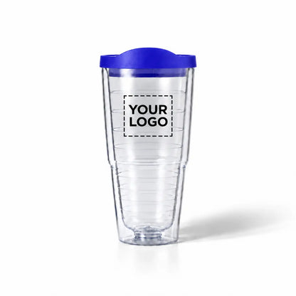 clear plastic tumbler with blue lid custom logo