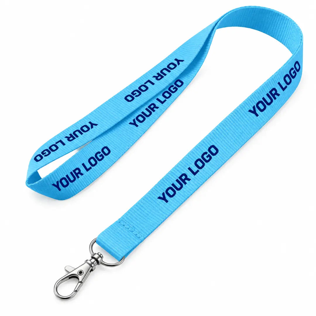 light blue custom polyster lanyard with logo