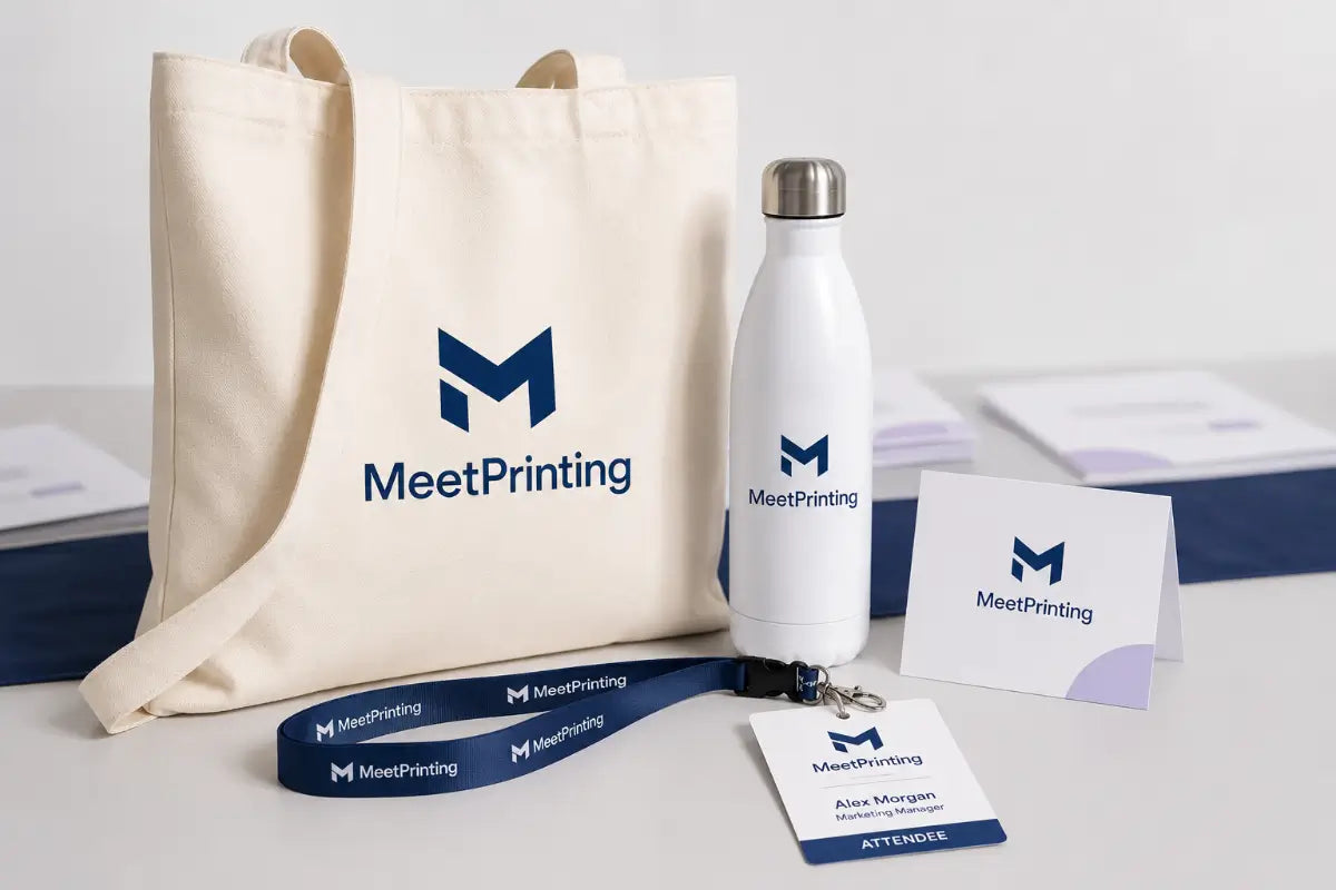 Branded promotional merchandise： tote bag, water bottle, lanyard, badge & card