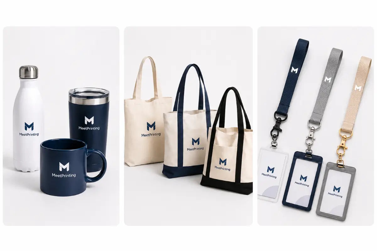 Branded promotional products: drinkware, canvas tote bags, lanyards & ID badges