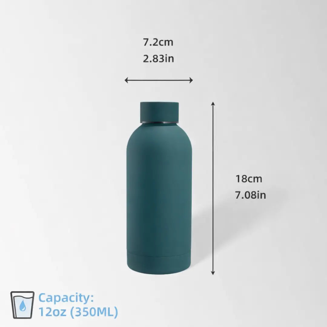 12 oz. Peacock green water bottle size and dimensions view