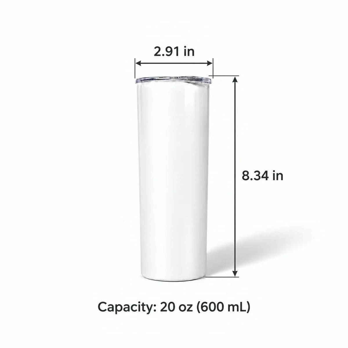 white skinny tumbler size and dimensions view